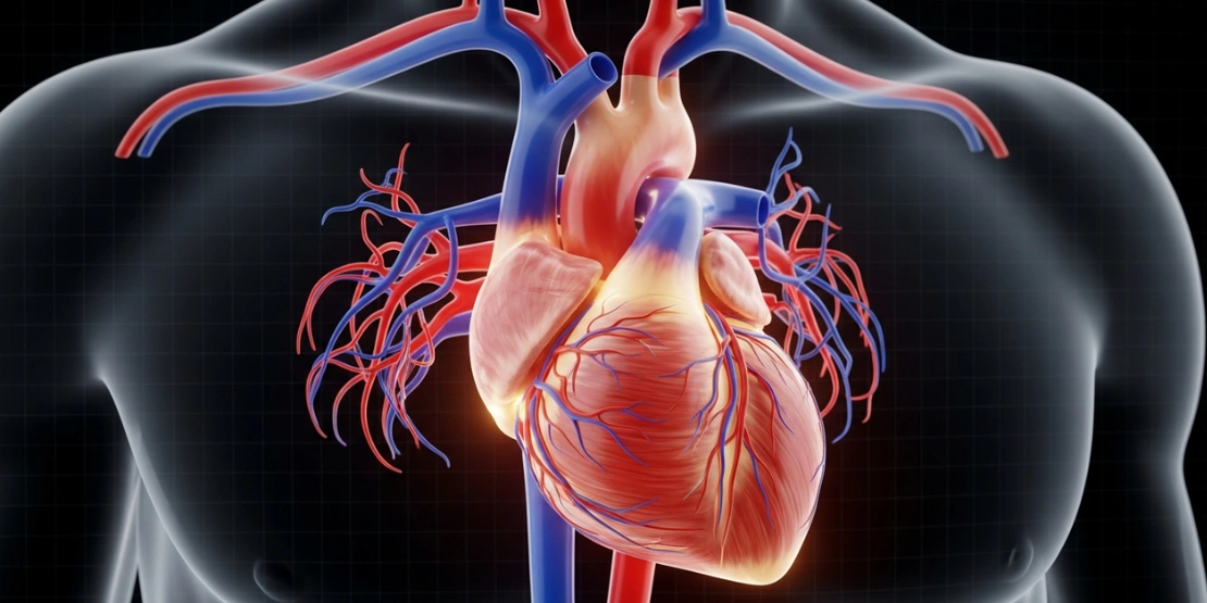 Tokom 4x4 intervala, srčani mišić se maksimalno rasteže, što vremenom povećava njegovu elastičnost i udarni volumen. Anatomska ilustracija ljudskog srca i krvnih sudova pod opterećenjem, prikazujući povećan protok krvi.