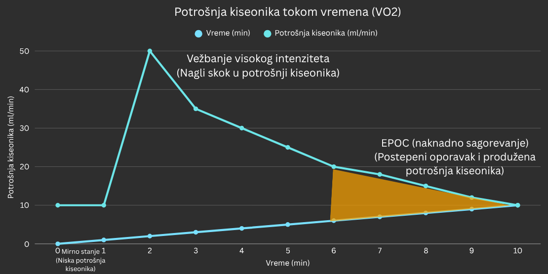 Grafikon koji ilustruje kako potrošnja kiseonika ostaje povišena dugo nakon završetka treninga, što predstavlja EPOC ili Afterburn efekat. Naučni grafikon koji prikazuje potrošnju kiseonika pre, tokom i posle treninga, sa jasno obeleženom EPOC (Afterburn) zonom.