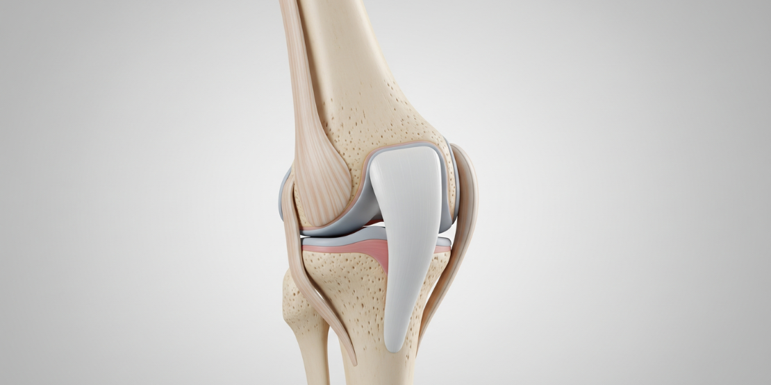 Anatomska ilustracija zgloba kolena koja jasno prikazuje kosti, ligamente, meniskus i hrskavicu.