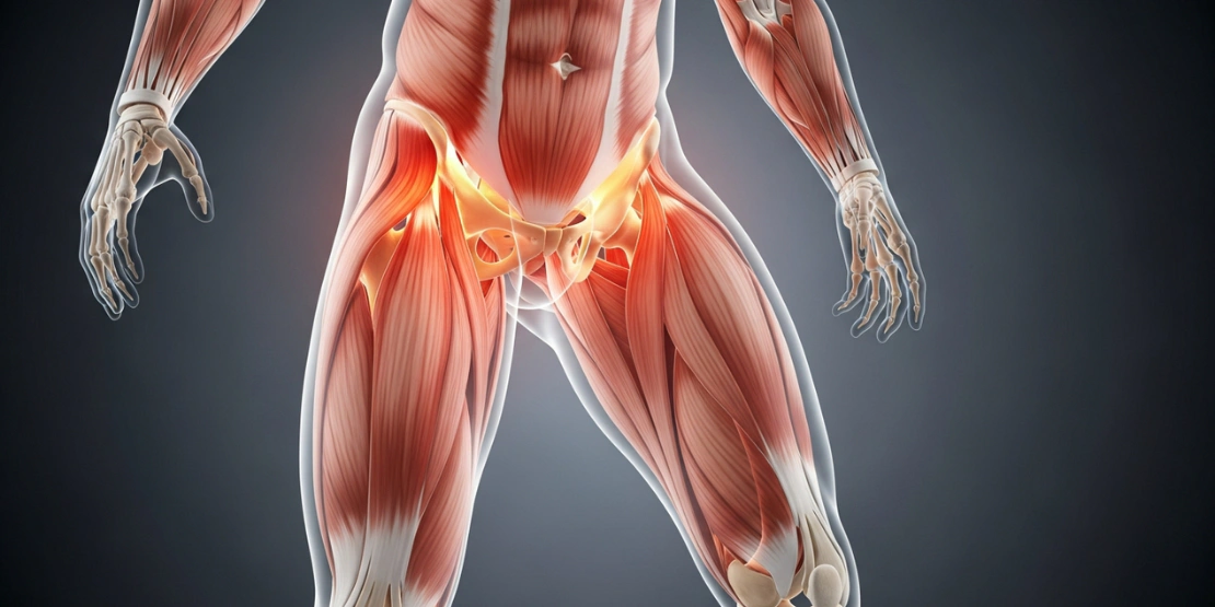Anatomski prikaz biomehanike zgloba kuka sa istaknutim mišićima psoasa i gluteusa tokom korektivne vežbe.
