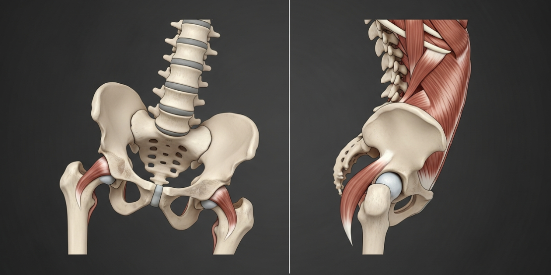 Dijagram karlice koji prikazuje normalan nagib nasuprot prednjem nagibu karlice (Anterior Pelvic Tilt), sa označenim skraćenim fleksorima i istegnutim gluteusima.