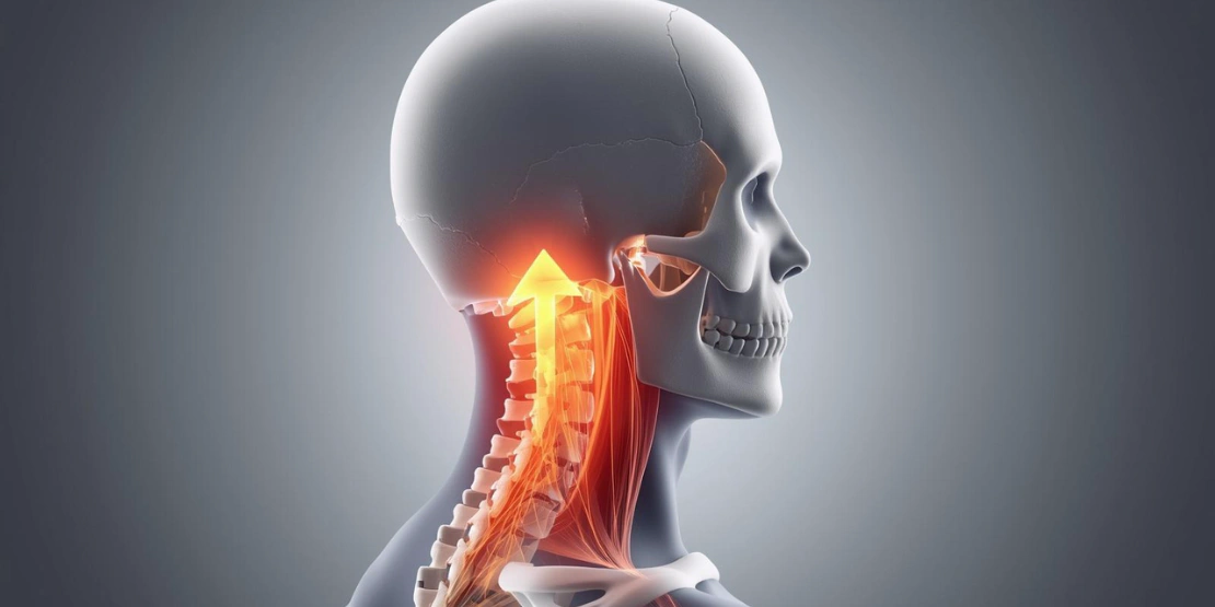 3D biomehanički prikaz cervikalne kičme sa vektorima opterećenja koji ilustruju pritisak usled nepravilnog držanja (tehnološki vrat).