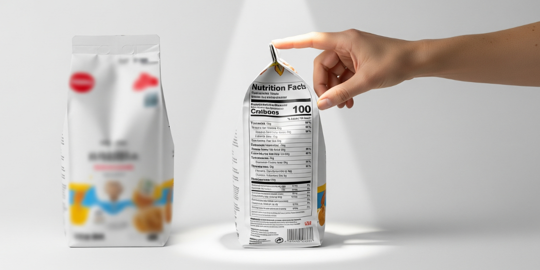 Prednja strana prodaje. Poleđina informiše. Uvek verujte poleđini. Osoba koja drži proizvod i prstom pokazuje na sitan tekst na deklaraciji, sa prednjom, šarenom stranom pakovanja zamućenom u pozadini.