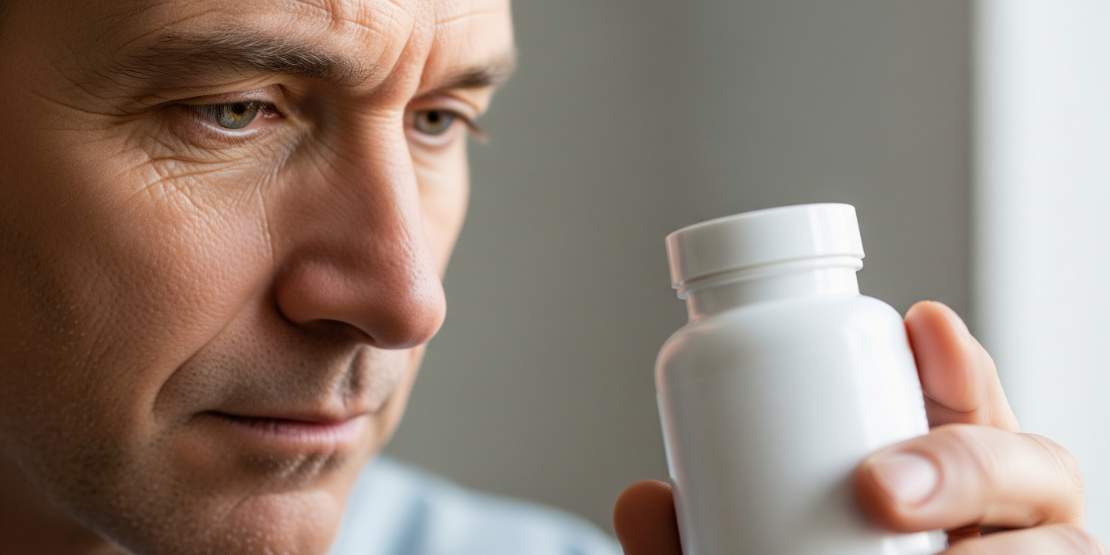 Muškarac pažljivo čita deklaraciju na bočici sa suplementima, simbolizujući informisan i pametan izbor.