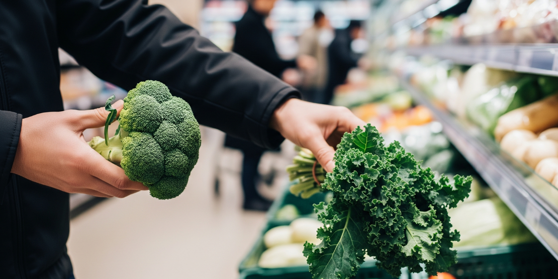 Osoba koja sa polica supermarketa bira sveže povrće, simbolizujući pametne i informisane izbore.