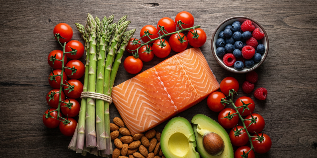 Prelep prikaz svežih, celovitih namirnica - voće, povrće, orašasti plodovi i nemasni proteini - aranžiranih na drvenom stolu.