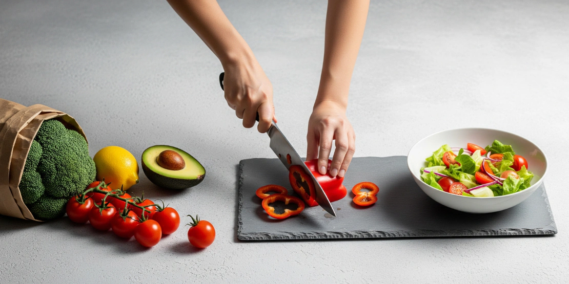 Konceptualna slika koja prikazuje transformaciju celovitih, svežih namirnica sa pijace u čist, zdrav i ukusan obrok.