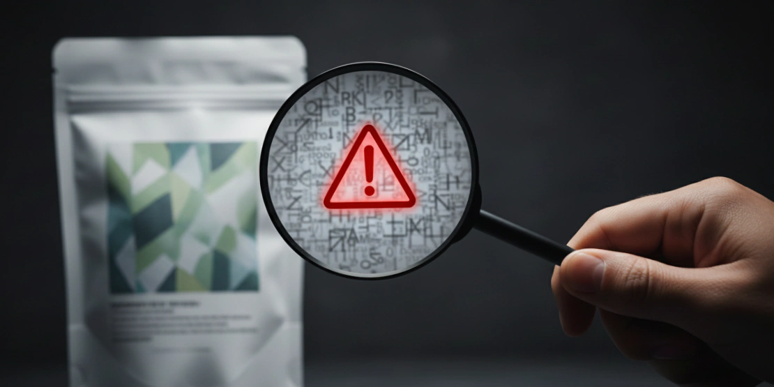 Osoba koja pažljivo čita i analizira sitan tekst na deklaraciji proizvoda u supermarketu, simbolizujući informisanog potrošača.