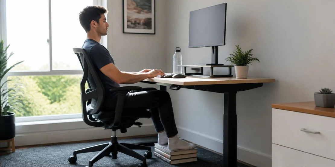 Ergonomsko radno mesto za IT radnika — monitor u visini očiju, lumbalni oslonac, pravilan položaj tela