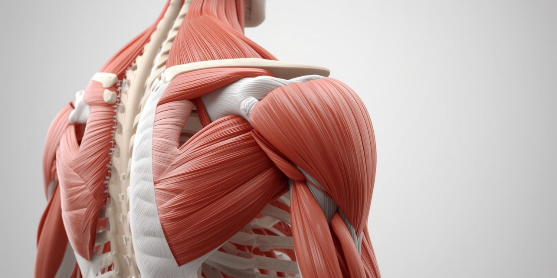 Medicinski 3D prikaz ramenog zgloba koji detaljno ilustruje SITS mišiće (supraspinatus, infraspinatus, teres minor, subscapularis) obavijene oko glave humerusa.