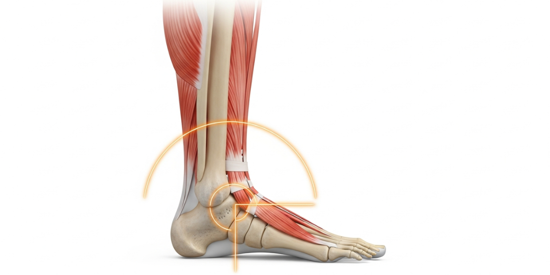 Prikaz dorsifleksije stopala uz zid sa uglom koji pokazuje optimalan opseg pokreta nasuprot ograničenom.
