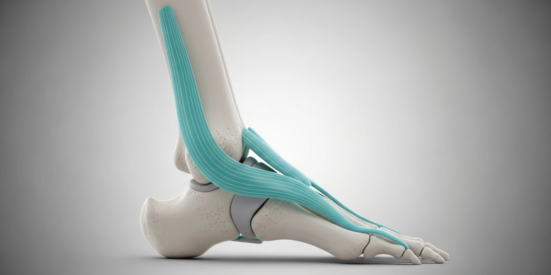 Biomehanički prikaz skočnog zgloba u pokretu sa označenim vektorima stabilnosti i Ahilovom tetivom.