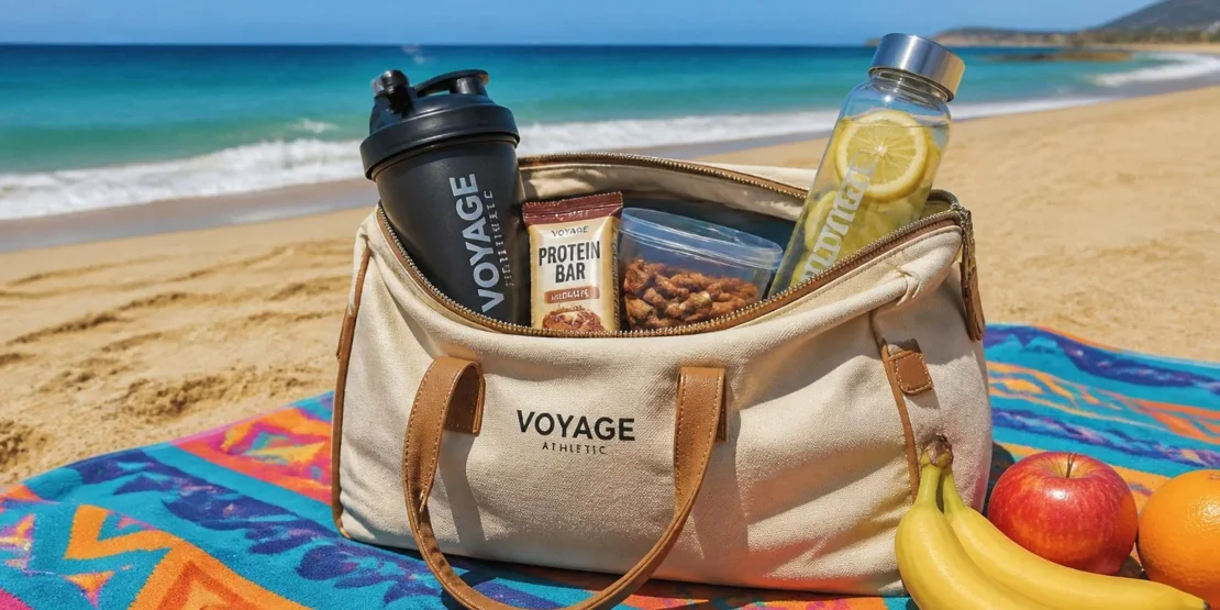 Kesica sa proteinskim prahom, proteinskim barom, orasima i bademima na peškiru na plaži pored flaše vode i svežeg voća — putni proteinski paket za očuvanje mišića na letovanju