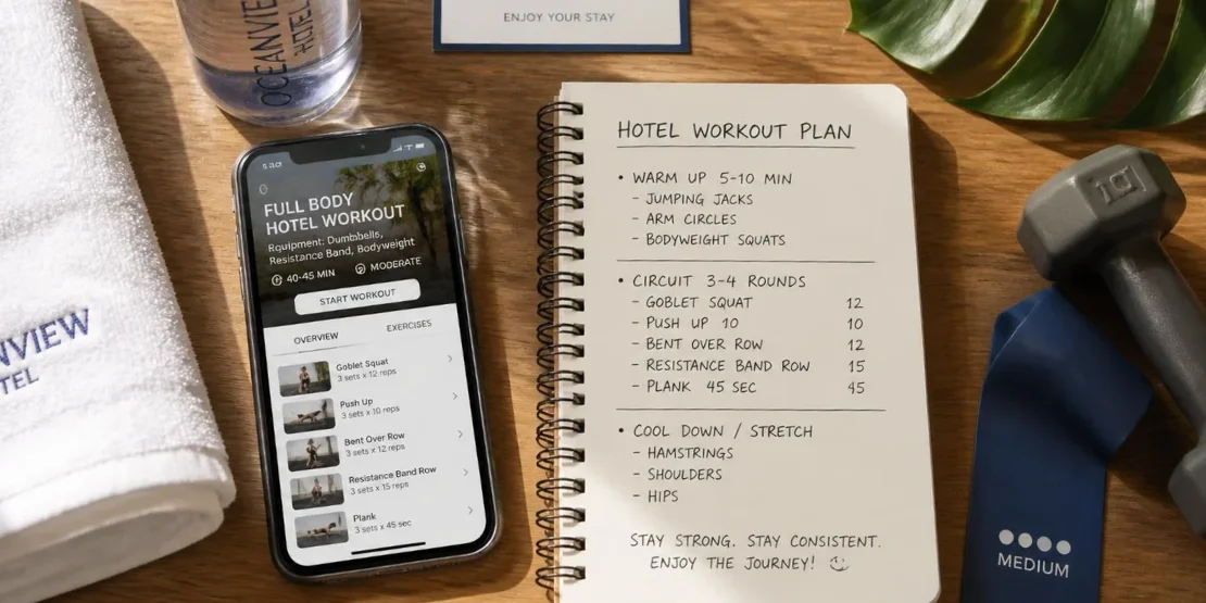 Tri nivoa plana treninga za putovanje — smartphone sa workout aplikacijom, notes sa planom, voda i peškir na drvenom stolu u hotelskoj sobi