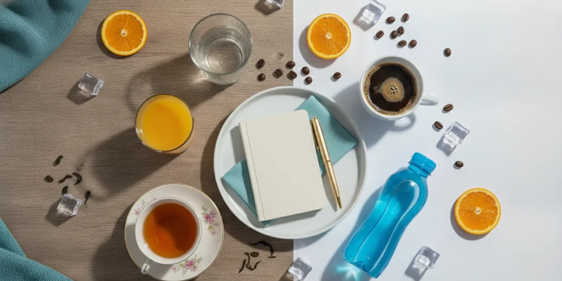 Različita pića na stolu — voda, kafa, sok, sportski napitak — mitovi o hidrataciji