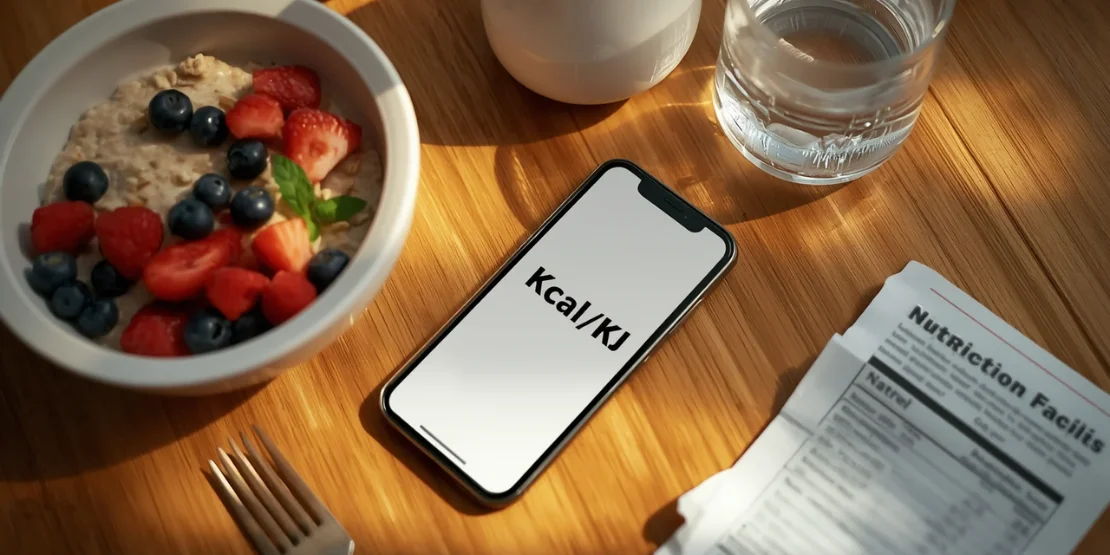 Konverzija između kJ i kcal je jednostavna — isti energetski sadržaj, dva različita broja Pametni telefon sa aplikacijom za konverziju kcal u kJ na drvenom stolu uz doručak — ovsene pahuljice sa bobicama i mleko
