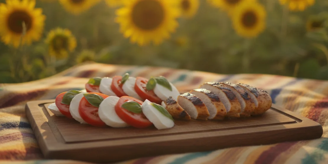 Caprese salata sa mocarelom, svežim paradajzom, bosiljkom i grilovanom piletinom na drvenoj dasci u polju suncokreta — letnji ručak bogat proteinima