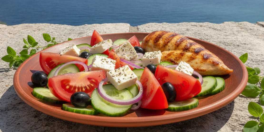 Grčka salata sa paradajzom, krastavcem, crvenim lukom, maslinama i fetom uz grilovana pileća prsa na terakoti posudi — letnji ručak bogat proteinima i hidratacijom
