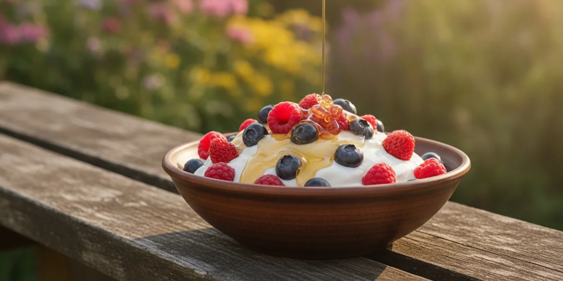 Grčki jogurt sa svežim borovnicama, malinama i jagodama preliven medom u glinenoj posudi — osvežavajuća letnja užina bogata probioticima
