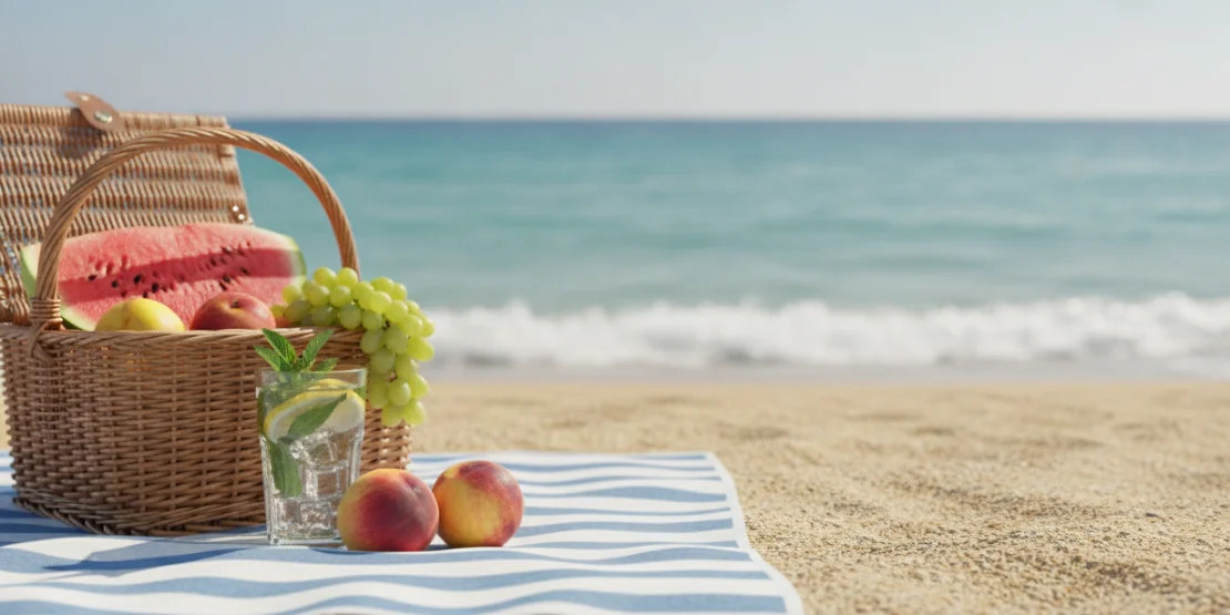 Ležaljka na plaži sa voćem i vodom — opušten letnji dan uz pametne izbore hrane