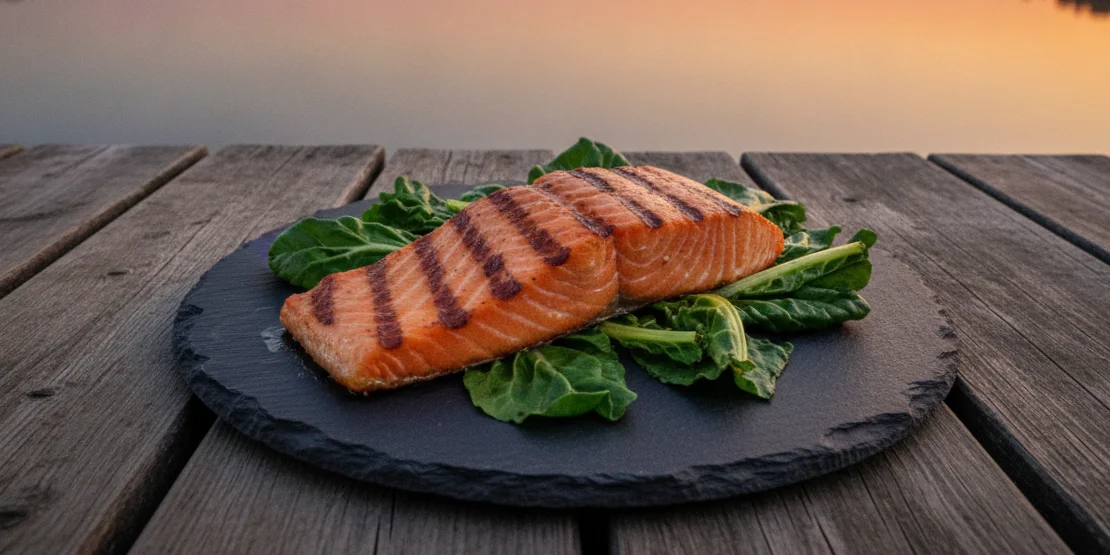 Grilovani file lososa sa sočnom blitvom na škriljcu na drvenom molu uz zalazak sunca na jezeru — letnja večera bogata omega-3 masnim kiselinama
