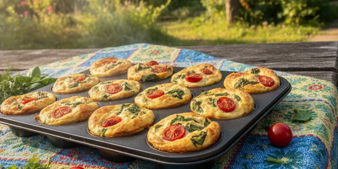 Zlatni mini omleti sa spanaćem i cherry paradajzom pečeni u kalupu za mafine na šarenom stolnjaku u sunčanoj bašti — zabavan letnji doručak bogat proteinima