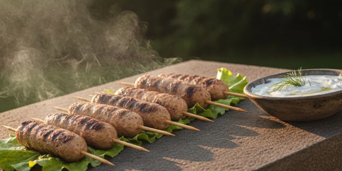 Pileći ćevapi na raški sa tzatziki umakom i svežom salatom na kamenom roštilju u prirodi — savršen letnji roštilj sa puno proteina