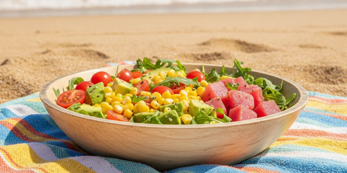 Sveža činija sa tunjevinom, avokadom, cherry paradajzom i kukuruzom na peškiru na plaži — letnji ručak sa zdravim mastima i proteinima