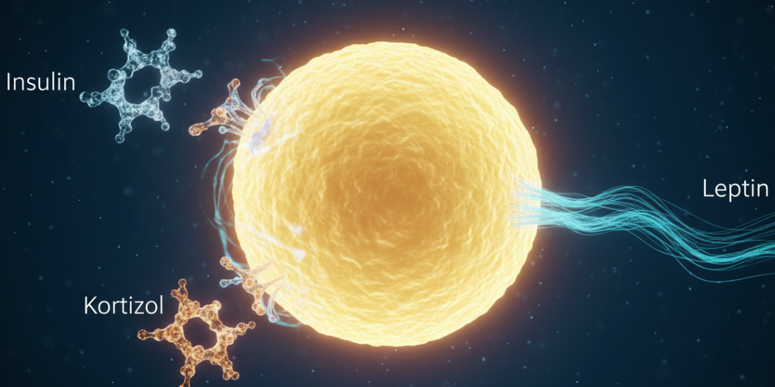 Vaše masne ćelije neprestano komuniciraju sa ostatkom tela, šaljući i primajući ključne hormonalne signale. Infografik koji prikazuje masnu ćeliju kako luči hormone (leptin, adiponektin) i kako na nju utiču insulin i kortizol.