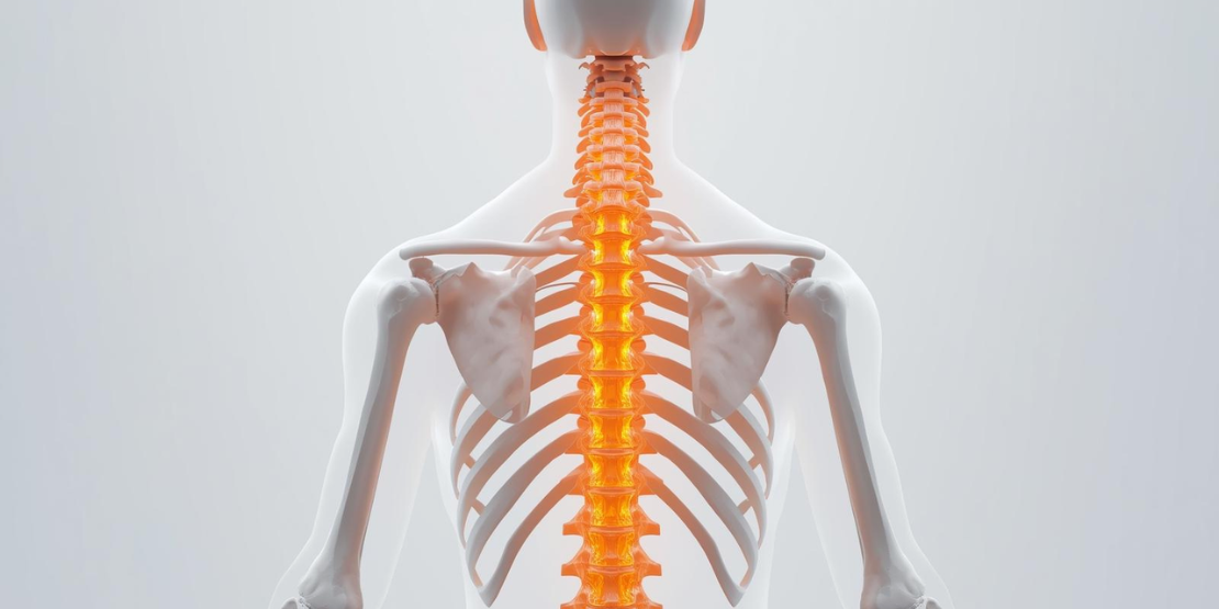 Medicinski dijagram kičmenog stuba koji prikazuje cervikalni, torakalni i lumbalni deo, sa fokusom na rebra koja se vezuju za torakalni deo.