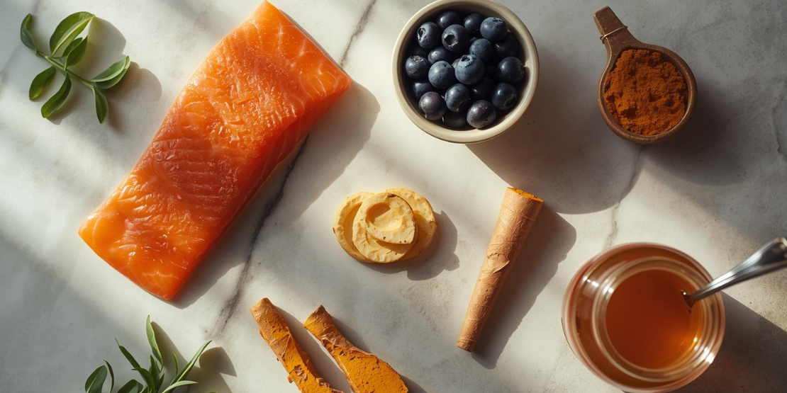 Aranžman hrane bogate nutrijentima za mobilnost: avokado, kurkuma, riba i bobičasto voće na tanjiru.