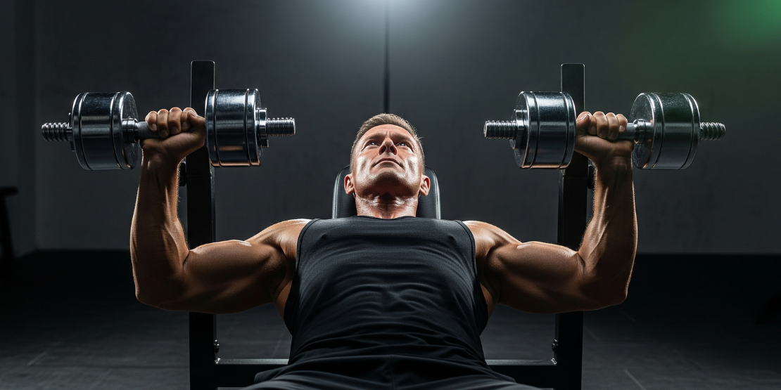 Fokusiran muškarac u četrdesetim godinama radi potisak sa bučicama na klupi, demonstrirajući snagu i odlučnost.