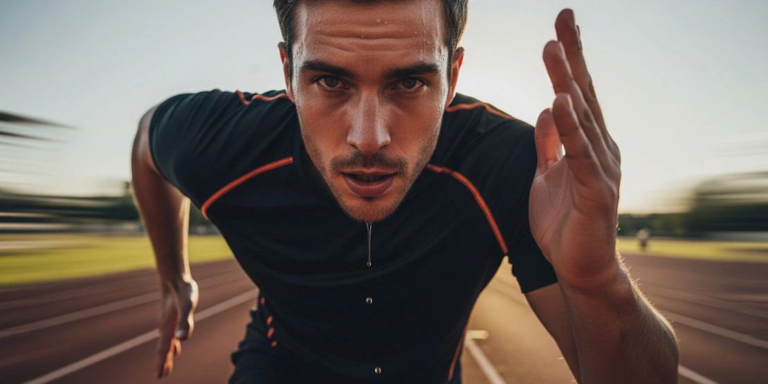 Sportista koji trči visokim intenzitetom na atletskoj stazi, ilustrujući koncept 4x4 intervalnog treninga.