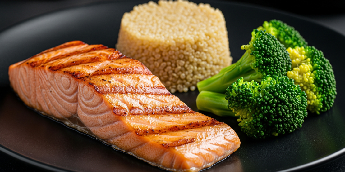 Obrok bogat proteinima i zdravim mastima, poput grilovanog lososa sa kinoom i brokolijem, lepo serviran na tanjiru.