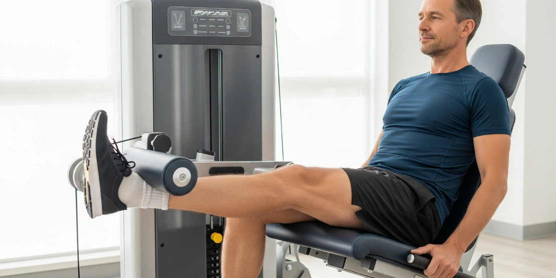 Medicinska ilustracija koja prikazuje mišiće koji stabilizuju zglob kolena, uključujući kvadriceps i gluteus, tokom rehabilitacione vežbe.