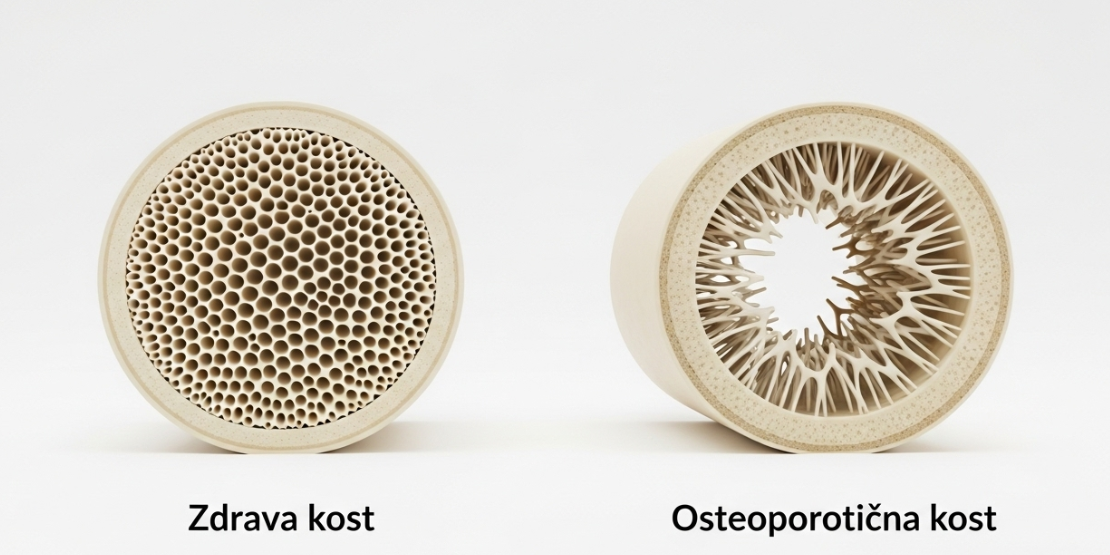 Dijagram koji prikazuje zdravu kost naspram kosti pogođene osteoporozom, sa jasnim prikazom gubitka gustine.