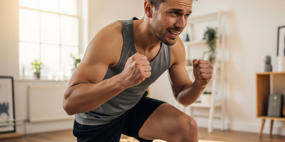 Osoba u sportskoj opremi, puna energije, završava intenzivan kućni trening u svetlom dnevnom boravku.
