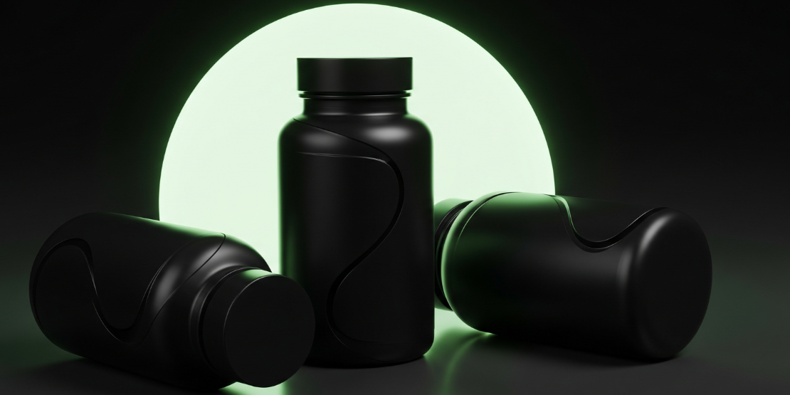 Kolekcija ključnih suplemenata - protein u prahu, kreatin, BCAA - elegantno aranžirana na tamnoj pozadini.