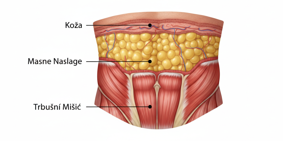 Infografik koji prikazuje mišić stomaka ispod sloja masti, sa strelicom koja pokazuje da trbušnjaci jačaju mišić, ali ne utiču na mast.