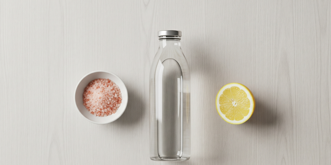 Optimizacija hidratacije počinje sa čistom vodom i pravim mineralima, a ne sa skupim suplementima. Fotografija koja prikazuje čašu čiste, filtrirane vode, pored koje se nalaze prstohvat kvalitetne soli i kriška limuna.