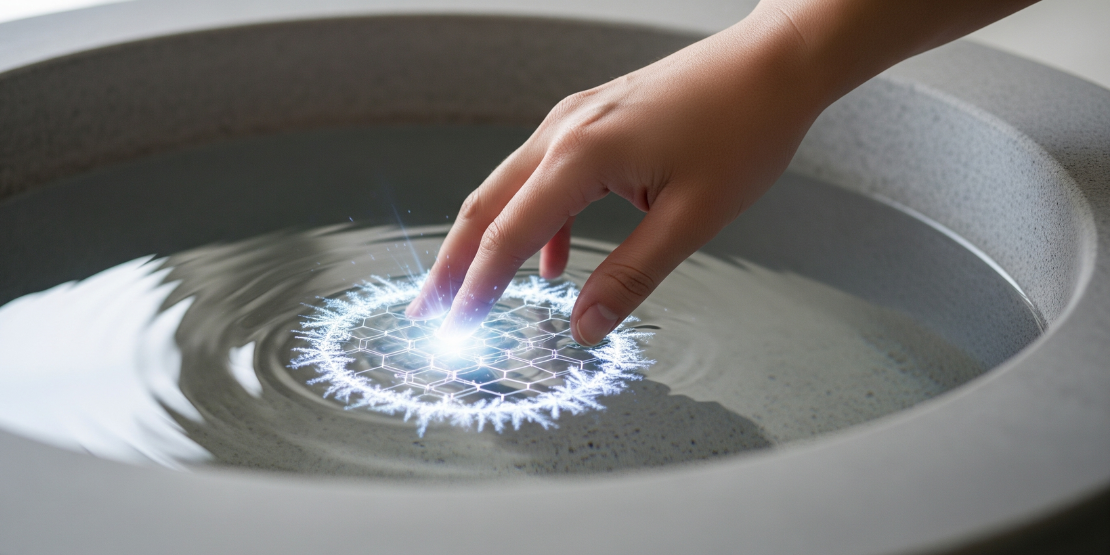 EZ voda, ili 'četvrta faza', deluje kao viskozni, uređeni sloj koji isključuje rastvorene čestice i stvara energetski potencijal. Infografika koja prikazuje kako se voda u kontaktu sa hidrofilnom površinom (ćelijska membrana) organizuje u heksagonalnu EZ zonu pod uticajem svetlosti.