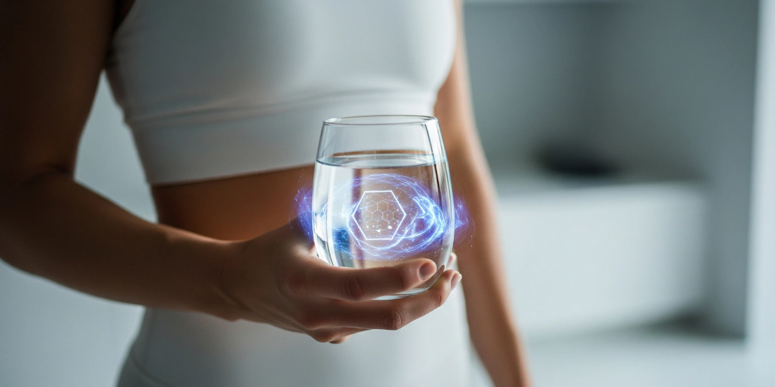 Apstraktna vizuelizacija molekula vode koji formiraju heksagonalnu, energetsku strukturu, simbolizujući struktuiranu vodu.