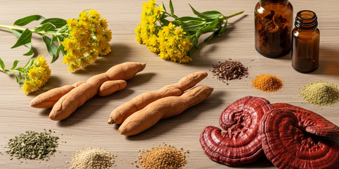 Kolekcija adaptogenih biljaka i prahova uključujući ašvagandu, rodiolu i reiši pečurke na drvenoj podlozi.