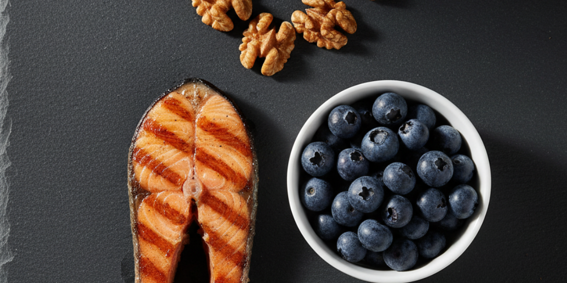 Flat lay fotografija namirnica bogatih nutrijentima ključnim za kognitivne funkcije. Moderan flat lay aranžman hrane za mozak, uključujući losos, borovnice, orahe i crnu čokoladu.