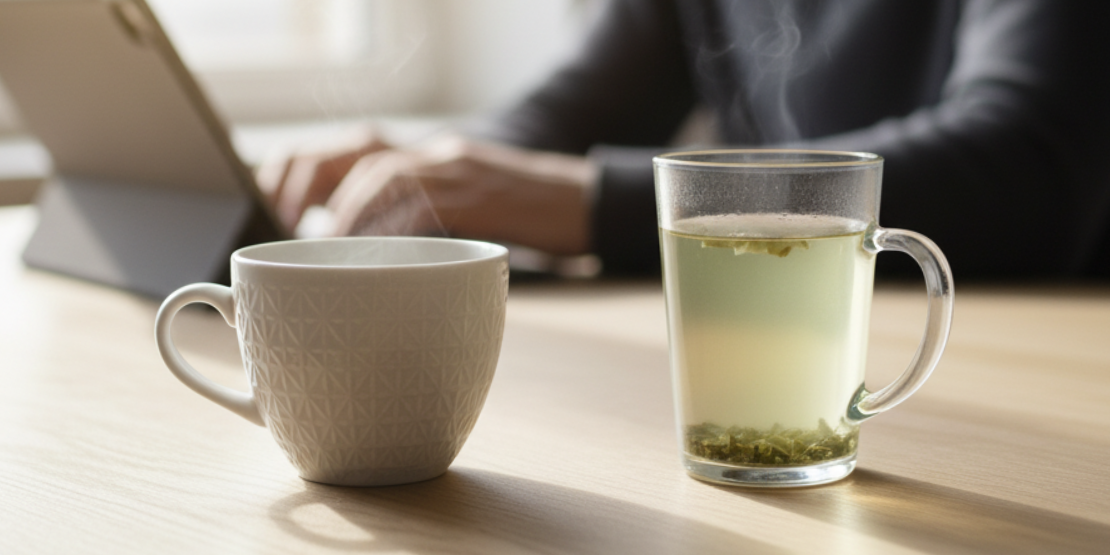 Fotografija šoljice kafe i zelenog čaja, koji predstavljaju sinergiju kofeina i L-teanina za postizanje mirnog fokusa. Minimalistička scena koja prikazuje prirodne nootropike za fokus - šoljicu kafe i zeleni čaj na radnom stolu.