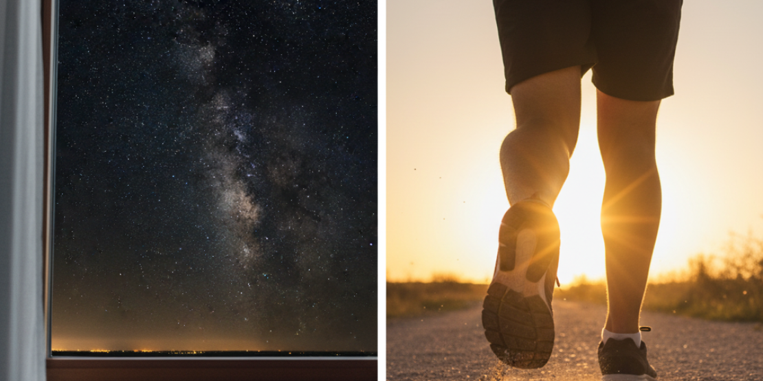 Kreativna slika podeljena na dva dela: zvezdano nebo kao simbol sna i osoba koja trči u zoru kao simbol vežbanja. Simbolički prikaz dva ključna stuba za zdravlje mozga - kvalitetan san i redovno vežbanje.