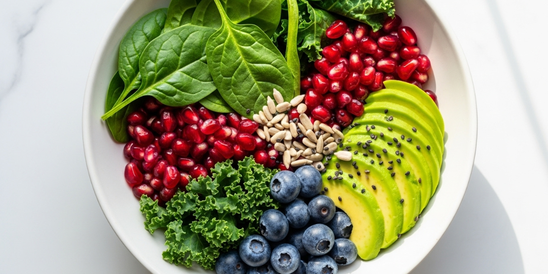 Činija puna antioksidanasa i enzima koji pomažu u smanjenju upalnih procesa i ubrzavaju regeneraciju mišića. Krupni plan činije sa vibrantnom salatom od raznobojnog povrća, bobičastog voća i semenki, simbolizujući nutritivnu gustinu.