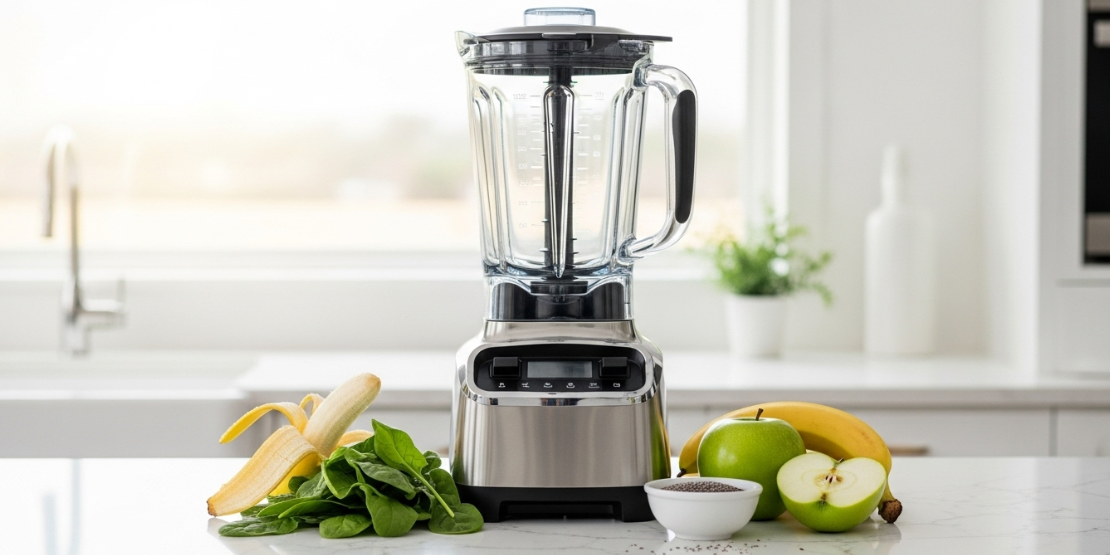 Kuhinjski alati neophodni za sirovu ishranu, uključujući moćni blender, sokovnik i spiralajzer, uredno postavljeni na svetloj drvenoj površini.