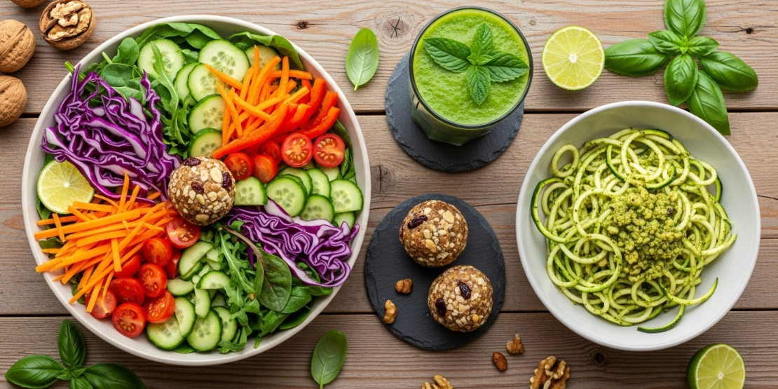 Prelep, živopisan prikaz različitih sirovih jela, uključujući salatu, smuti i nudle od povrća, serviranih u modernim činijama na stolu.